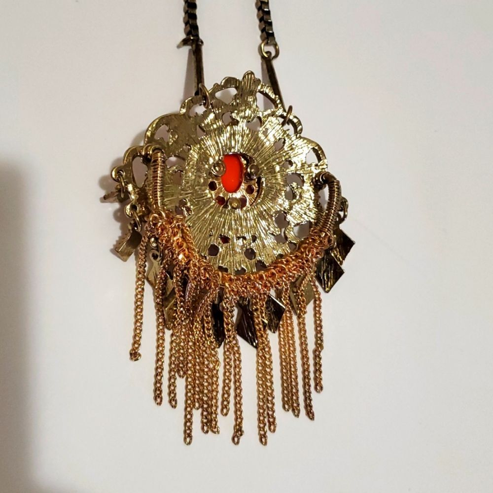 Vintage 80's Art Deco Nouveau Boho Coral Colored Gold Necklace South Western - Picture 5 of 8